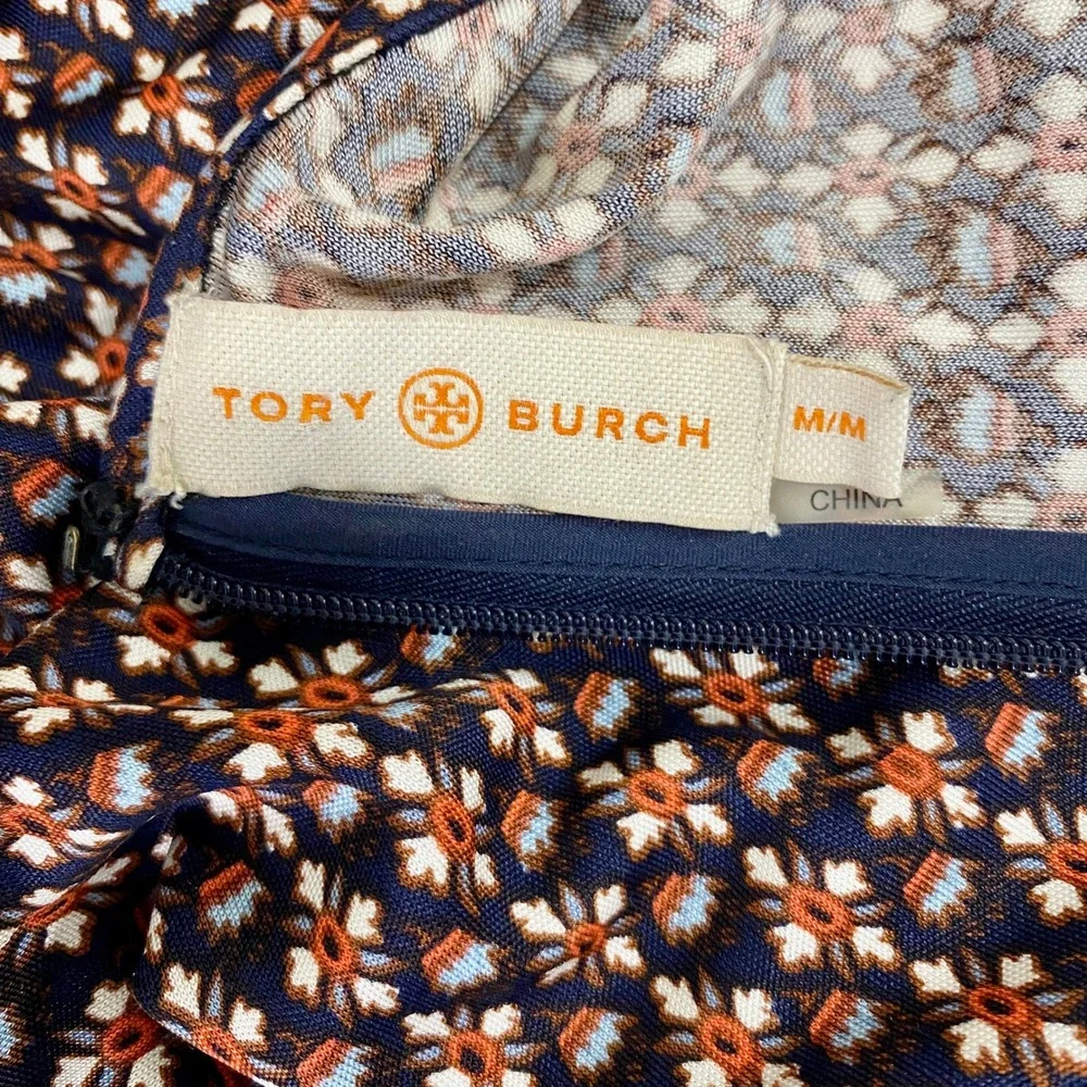 Tory Burch Silk Jersey Dress Women Medium Navy Orange Floral Geometric Excellent